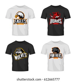 Furious panther, wolf, eagle and boar sport vector logo concept set isolated on t-shirt mockup. Modern team pictogram design. Premium quality wild animal and bird head t-shirt tee print illustration.