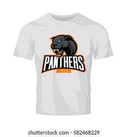 Furious panthers sport vector logo concept isolated on white t-shirt mockup. Modern web infographic professional team pictogram. Premium quality wild animal t-shirt tee print illustration.