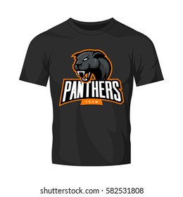 Furious panthers sport vector logo concept isolated on black t-shirt mockup. Modern web infographic professional team pictogram. Premium quality wild animal t-shirt tee print illustration.