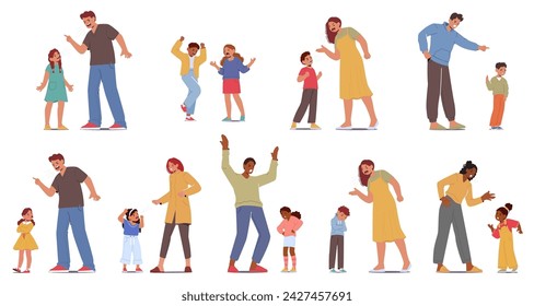 Furious Parents And Children Scream on Each Other. Family Characters Engage In A Heated, Loud Argument. Voices Escalate, Faces Redden, Fingers Point, Tears Well Up. Cartoon People Vector Illustration