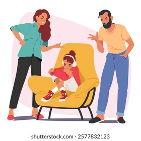 Furious parents shouting scolding naughty teenage daughter due to misbehavior having problematic relationships. Teenage girl puberty problems and misunderstanding in family vector illustration