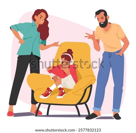 Furious parents shouting scolding naughty teenage daughter due to misbehavior having problematic relationships. Teenage girl puberty problems and misunderstanding in family vector illustration
