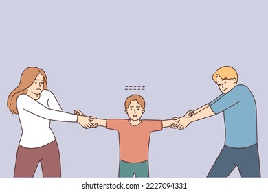 Furious parents tear unhappy boy share kid after separation or breakup. Mad stubborn mother and father divide child after split. Family problems. Vector illustration. 