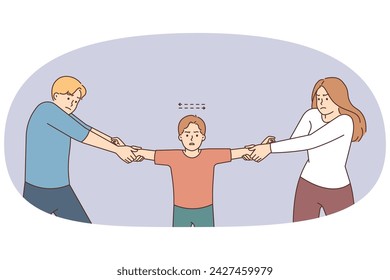 Furious parents tear unhappy boy share kid after separation or breakup. Mad stubborn mother and father divide child after split. Family problems. Vector illustration.