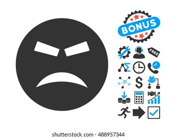 Furious pictograph with bonus pictogram. Vector illustration style is flat iconic bicolor symbols, blue and gray colors, white background.