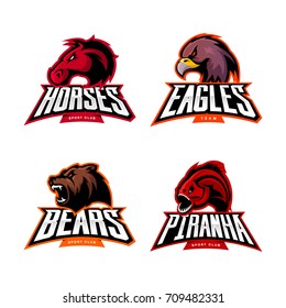 Furious piranha, bear, eagle and horse sport vector logo concept set isolated on white. Street wear mascot team badge design. Premium quality wild animal emblem t-shirt tee print illustration.