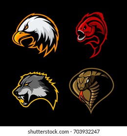 Furious piranha, cobra, wolf and eagle, sport vector logo concept set isolated on black. Street wear mascot team badge design. Premium quality wild animal emblem t-shirt tee print illustration.