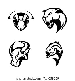 Furious piranha, hornet, bull, panther vector logo concept set isolated on white. Street wear mascot sport team badge design. Premium quality wild animal emblem t-shirt tee print illustration.