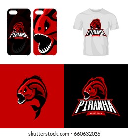 Furious piranha isolated sport vector logo concept. Modern team predator badge mascot design. Premium quality wild fearsome fish t-shirt tee print illustration. Smart phone case accessory emblem.