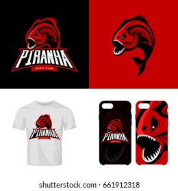 Furious piranha isolated sport vector logo concept. Modern team predator badge mascot design. Premium quality wild fearsome fish t-shirt tee print illustration. Smart phone case accessory emblem.