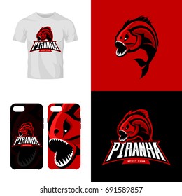 Furious piranha isolated sport vector logo concept. Modern team predator badge mascot design. Premium quality wild fearsome fish t-shirt tee print illustration. Smart phone case accessory emblem.