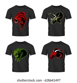 Furious piranha, ram, snake and dinosaur head sport vector logo concept set on black t-shirt mockup. Modern team mascot badge design. Premium quality wild animal t-shirt tee print illustration.