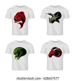 Furious piranha, ram, snake and dinosaur head sport vector logo concept set on white t-shirt mockup. Modern team mascot badge design. Premium quality wild animal t-shirt tee print illustration.