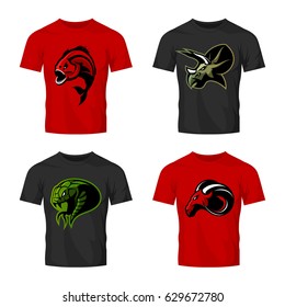 Furious piranha, ram, snake and dinosaur head sport vector logo concept set on t-shirt mockup. Modern team mascot badge design. Premium quality wild animal t-shirt tee print illustration.