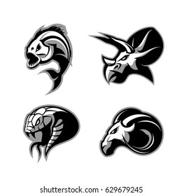 Furious piranha, ram, snake and dinosaur head sport vector logo concept set isolated on white background. Modern team mascot badge design. Premium quality wild animal t-shirt tee print illustration.