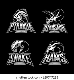 Furious piranha, ram, snake and dinosaur head sport vector logo concept set isolated on black background. Modern team mascot badge design. Premium quality wild animal t-shirt tee print illustration.