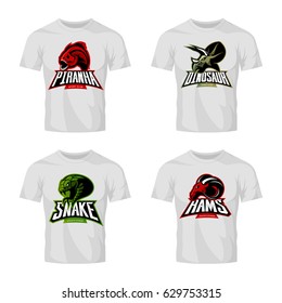 Furious piranha, ram, snake and dinosaur head sport vector logo concept set on t-shirt mockup. Modern team mascot badge design. Premium quality wild animal t-shirt tee print illustration.