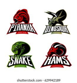 Furious piranha, ram, snake and dinosaur head sport vector logo concept set isolated on white background. Modern team mascot badge design. Premium quality wild animal t-shirt tee print illustration.