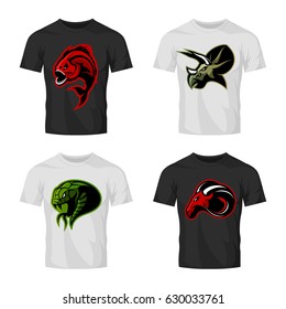 Furious piranha, ram, snake and dinosaur head sport vector logo concept set on t-shirt mockup. Modern team mascot badge design. Premium quality wild animal t-shirt tee print illustration.