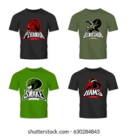 Furious piranha, ram, snake and dinosaur head sport vector logo concept set on t-shirt mockup. Modern team mascot badge design. Premium quality wild animal t-shirt tee print illustration.