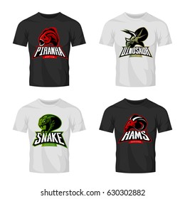 Furious piranha, ram, snake and dinosaur head sport vector logo concept set on t-shirt mockup. Modern professional team mascot badge design. Premium quality wild animal t-shirt tee print illustration.