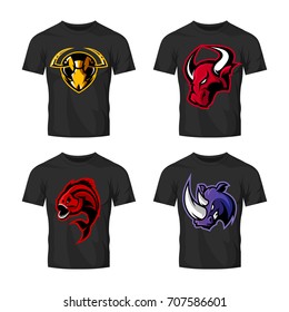 Furious piranha, rhino, bull and hornet sport vector logo concept set isolated on white. Street wear mascot team badge design. Premium quality wild animal emblem t-shirt tee print illustration.