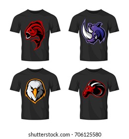 Furious piranha, rhino, eagle and ram sport vector logo concept set isolated on white. Street wear mascot team badge design. Premium quality wild animal emblem t-shirt tee print illustration.