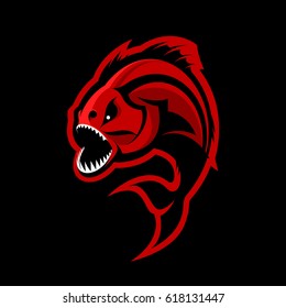 Furious piranha sport vector logo concept isolated on black background. Modern professional team predator badge design. Premium quality wild fearsome fish t-shirt tee print illustration.