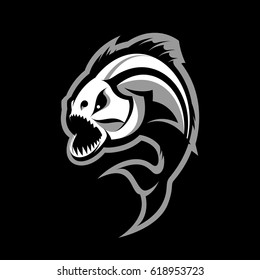 Furious piranha sport vector logo concept isolated on black background. Modern professional team predator badge design. Premium quality wild fearsome fish t-shirt tee print illustration.