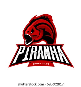 Furious piranha sport vector logo concept isolated on white background. Modern professional team predator badge design. Premium quality wild fearsome fish t-shirt tee print illustration.