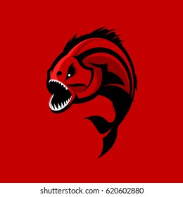 Furious piranha sport vector logo concept isolated on red background. Modern professional team predator badge design. Premium quality wild fearsome fish t-shirt tee print illustration.