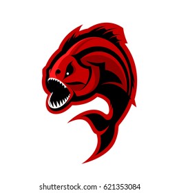 Furious piranha sport vector logo concept isolated on white background. Modern professional team predator badge design. Premium quality wild fearsome fish t-shirt tee print illustration.