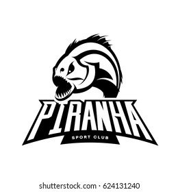 Furious piranha sport vector mono logo concept isolated on white background. Modern professional team predator badge design. Premium quality wild fearsome fish t-shirt tee print illustration.
