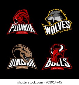 Furious piranha, wolf, dinosaur and bull sport vector logo concept set isolated on black. Street wear mascot team badge design. Premium quality wild animal emblem t-shirt tee print illustration.