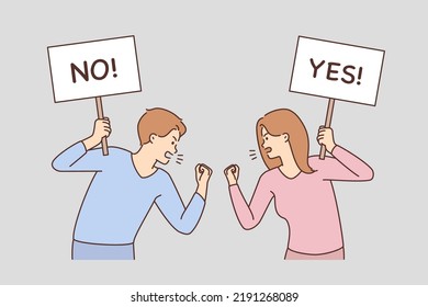 Furious protesters fight on street. Mad man and woman activists with signs or placards argue on demonstration outdoors. Vector illustration. 