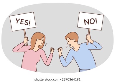 Furious protesters fight on street. Mad man and woman activists with signs or placards argue on demonstration outdoors. Vector illustration.