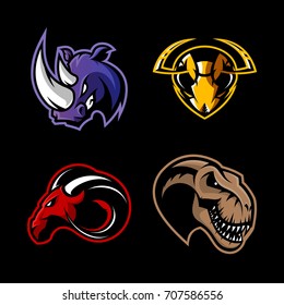 Furious ram, hornet, rhino and dinosaur sport vector logo concept set isolated on black. Street wear mascot team badge design. Premium quality wild animal emblem t-shirt tee print illustration.