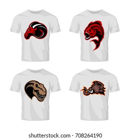 Furious ram, mammoth, piranha and dinosaur sport vector logo concept set isolated on white. Street wear mascot team badge design. Premium quality wild animal emblem t-shirt tee print illustration.