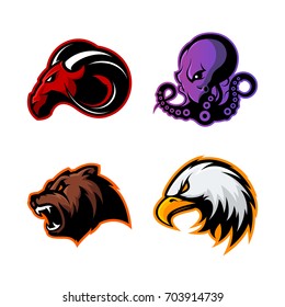 Furious ram, octopus, bear and eagle sport vector logo concept set isolated on white. Street wear mascot team badge design. Premium quality wild animal emblem t-shirt tee print illustration.