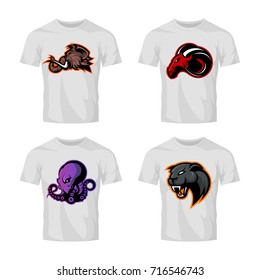 Furious ram, octopus, mammoth, panther vector logo concept on white t-shirt mockup. Street wear mascot sport team badge design set. Premium quality wild animal emblem tee print illustration.