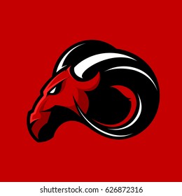 Furious ram sport club vector logo concept isolated on red background. Modern professional team badge mascot design. Premium quality wild ram animal athletic division t-shirt tee print illustration.
