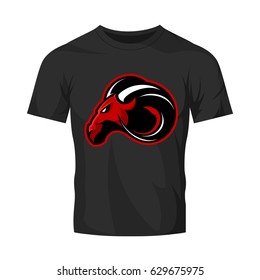 Furious ram sport club vector logo concept isolated on black t-shirt mockup. Modern professional team badge mascot design. Premium quality wild ram animal athletic t-shirt tee print illustration.