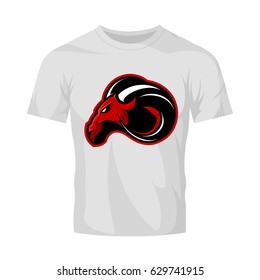 Furious ram sport club vector logo concept isolated on white t-shirt mockup. Modern professional team badge mascot design. Premium quality wild ram animal athletic t-shirt tee print illustration.