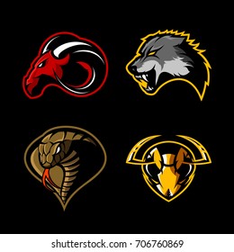 Furious ram, wolf, hornet and cobra sport vector logo concept set isolated on black background. Street wear mascot team badge design. Premium quality wild animal emblem t-shirt tee print illustration.