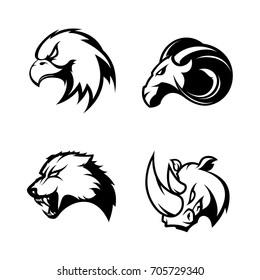 Furious ram, wolf, rhino and eagle sport vector logo concept set isolated on white. Street wear mascot team badge design. Premium quality wild animal emblem t-shirt tee print illustration.