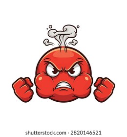 Furious red cartoon emoticon character with steam puffing from head and clenched fists. Aggressive facial expression with furrowed eyebrows, puffed cheeks, isolated on white background.