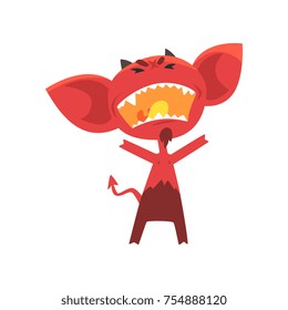 Furious red devil with horns, big ears and tail. Fictional character from hell in flat style