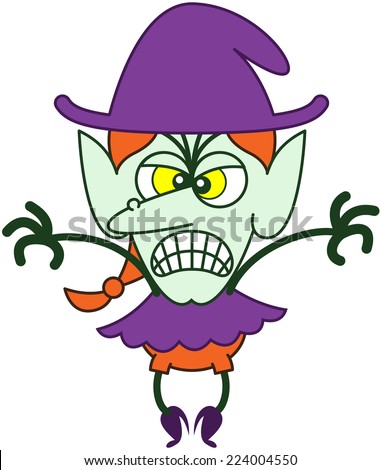 Furious red-haired witch with purple clothes and hat, big nose and green skin while crossing her eyes, frowning, standing on tiptoes, raising her arms and clenching her teeth in a very aggressive mood