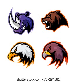Furious rhino, bear and eagle sport vector logo concept set isolated on white. Street wear mascot team badge design. Premium quality wild animal emblem t-shirt tee print illustration.