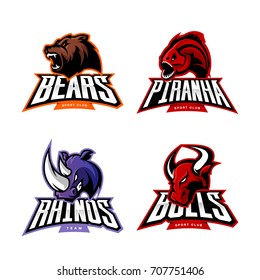 Furious rhino, bull, bear and piranha sport vector logo concept set isolated on white. Street wear mascot team badge design. Premium quality wild animal emblem t-shirt tee print illustration.